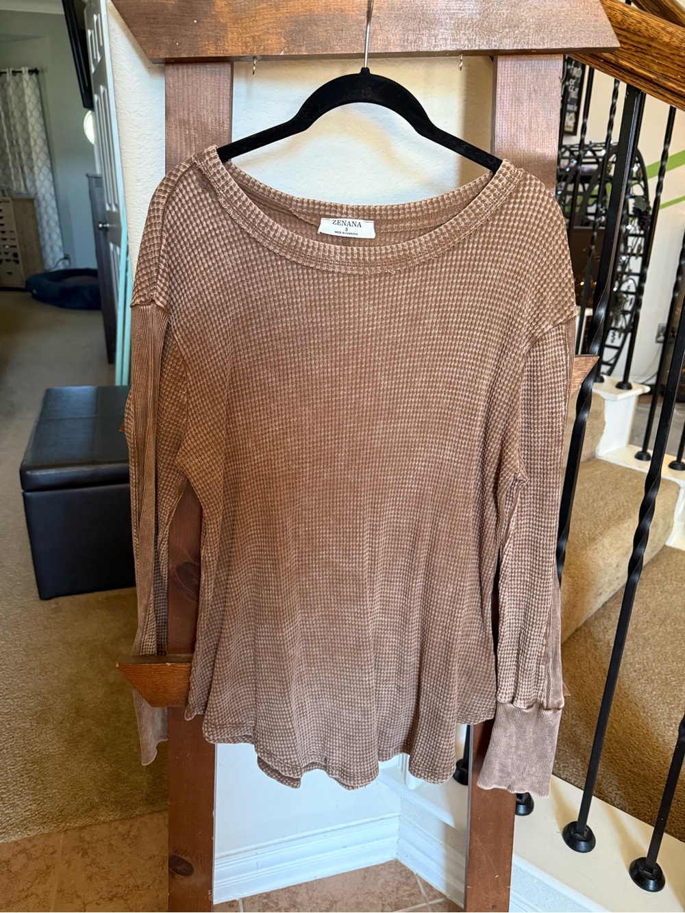 Zenana Outfitters Waffle-Knit Long Sleeve Top - Brown